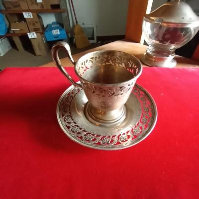 SILVER CUP AND SAUCER AND SUGAR BOWL