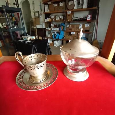 SILVER CUP AND SAUCER AND SUGAR BOWL