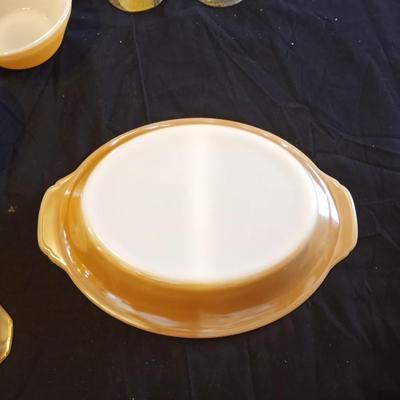 FIRE KING DISHS AND GLASS CANDLE HOLDERS