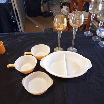 FIRE KING DISHS AND GLASS CANDLE HOLDERS