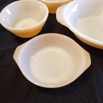 FIRE KING DISHS AND GLASS CANDLE HOLDERS