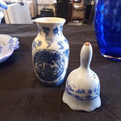 APEX COVERED SERVER-SMALL VASE AND BELL AND BLUE GLASS VASE