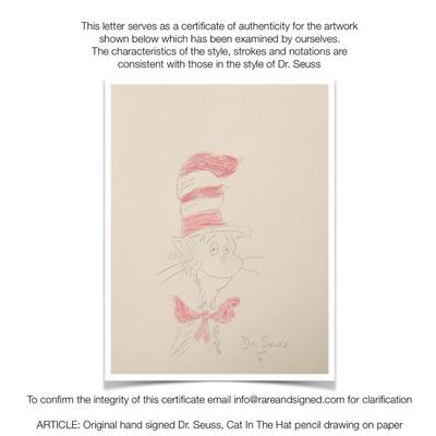 Dr Seuss Cat In The Cat Original Sketch Signed With COA And Insurance Value Valuation