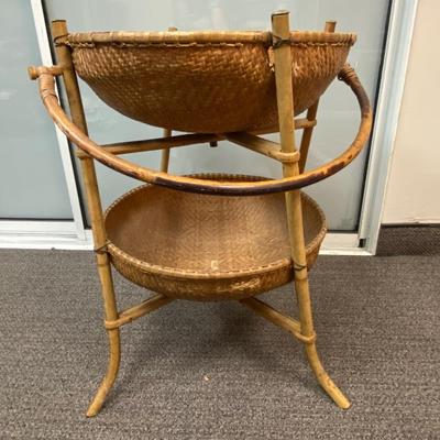 Vintage Large Two Tier Dual Bowl Woven Asian Wicker Basket Storage Organizer Stand