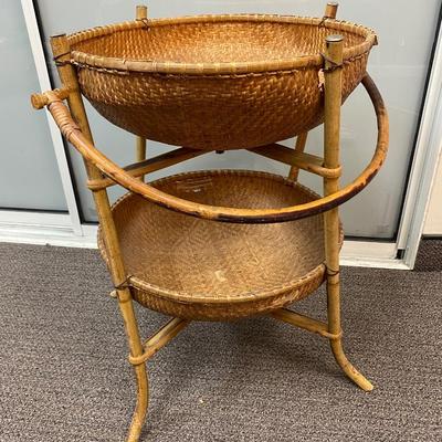 Vintage Large Two Tier Dual Bowl Woven Asian Wicker Basket Storage Organizer Stand