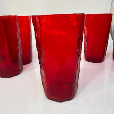 Set of 8 Vintage Seneca Driftwood Ruby Red Amberina Morgantown Crinkle Glass Drink Glasses