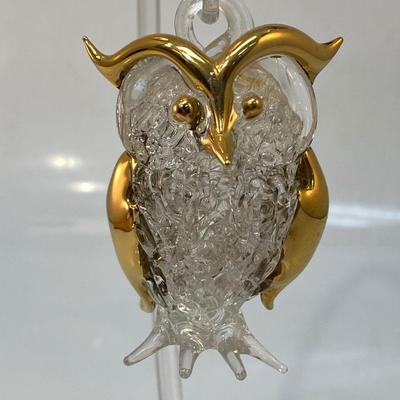 Delicate Blown Art Glass Gold Trimmed Owl Ornament Figurine with Hanging Stand