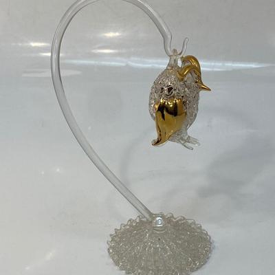 Delicate Blown Art Glass Gold Trimmed Owl Ornament Figurine with Hanging Stand