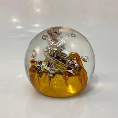 Gold Swirl & Bubbles Blown Art Glass Paperweight