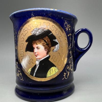 Vintage Hand Painted Porcelain Portrait Woman Hat Plume Gilt Shaving Mug