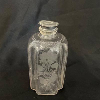 1289 Early Etched Glass bottle with Pewter Top
