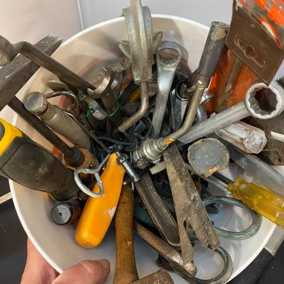 Mixed Lot of Various Hand Tools Wrenches Drivers Hammers Etc. in Paint Bucket