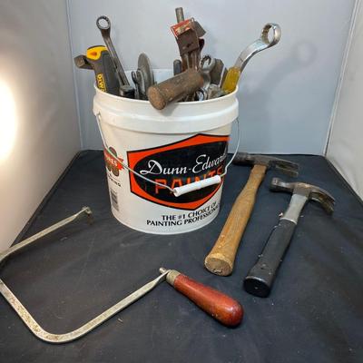 Mixed Lot of Various Hand Tools Wrenches Drivers Hammers Etc. in Paint Bucket