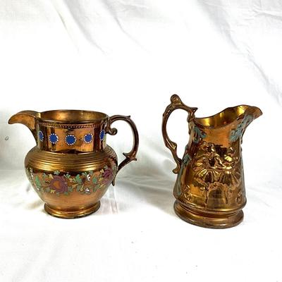 1292 Large Antique Copper Lustreware Pitchers