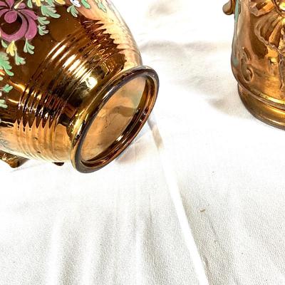 1292 Large Antique Copper Lustreware Pitchers