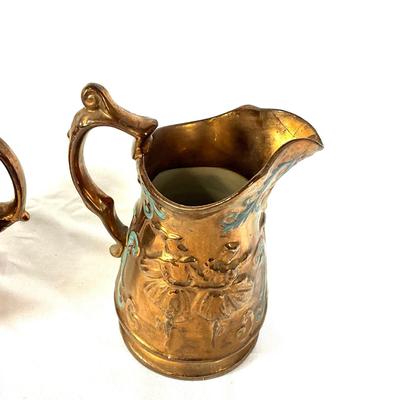 1292 Large Antique Copper Lustreware Pitchers
