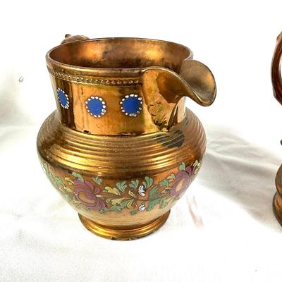 1292 Large Antique Copper Lustreware Pitchers