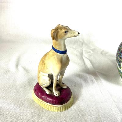 1293 Antique Chinoiserie Hunt Scene Jug with Staffordshire Bisque Dog Figurine