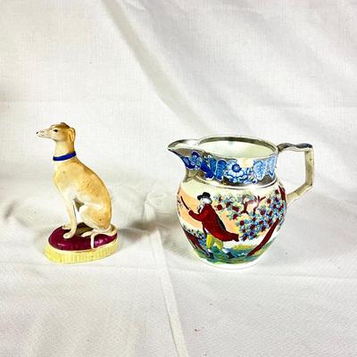 1293 Antique Chinoiserie Hunt Scene Jug with Staffordshire Bisque Dog Figurine
