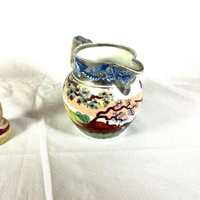 1293 Antique Chinoiserie Hunt Scene Jug with Staffordshire Bisque Dog Figurine