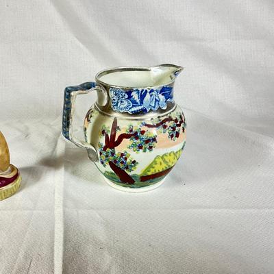 1293 Antique Chinoiserie Hunt Scene Jug with Staffordshire Bisque Dog Figurine