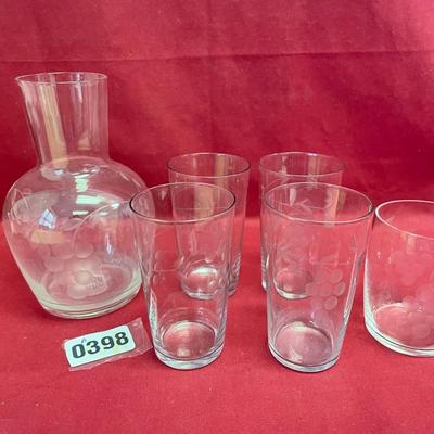 Vintage clear grape glass etched bedside carafe & 5 glasses