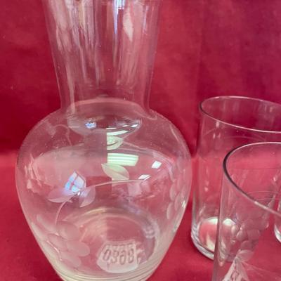 Vintage clear grape glass etched bedside carafe & 5 glasses