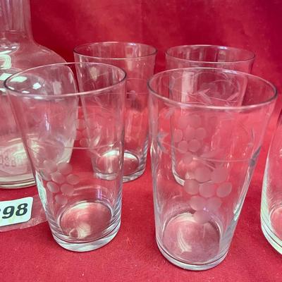 Vintage clear grape glass etched bedside carafe & 5 glasses