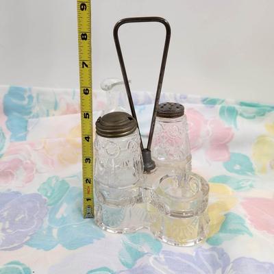 VINTAGE GLASS SALT/ PEPPER & VINEGAR CARRIER