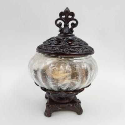 DECORATIVE RIBBED SWIRL CRACKLE GLASS JAR ON POLYRESIN CRAFTED FOOTED VASE