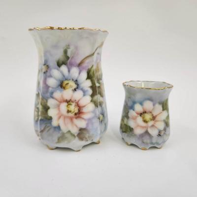 VINTAGE HANDPAINTED GOLD TRIMMED CHINA VASE SET