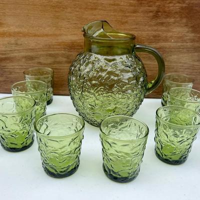 Green Vintage Anchor Hocking Glass Ball Pitcher & Glasses