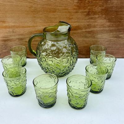 Green Vintage Anchor Hocking Glass Ball Pitcher & Glasses