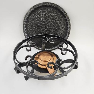 VINTAGE COPPER RUSTIC IRON CHAFING  WARMING TRAY W/ STAND BURNER-SWITZERLAND