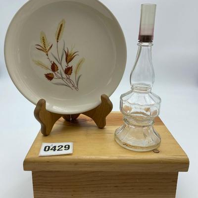 Autumn Harvest dessert plate & oil lamp lantern shape glass bottle