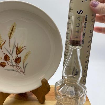 Autumn Harvest dessert plate & oil lamp lantern shape glass bottle
