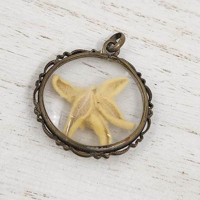 BEAUTIFUL BRASS / GLASS W/ DRIED EDELWEISS PENDANT