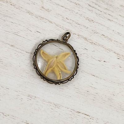 BEAUTIFUL BRASS / GLASS W/ DRIED EDELWEISS PENDANT