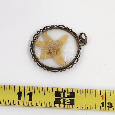 BEAUTIFUL BRASS / GLASS W/ DRIED EDELWEISS PENDANT