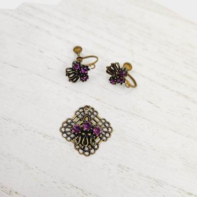 ANTIQUE FINISH FAUX AMETHYST EARRINGS & PENDANT SET