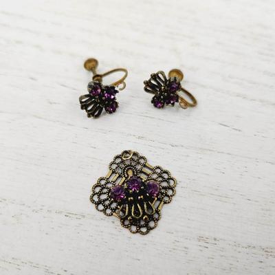 ANTIQUE FINISH FAUX AMETHYST EARRINGS & PENDANT SET