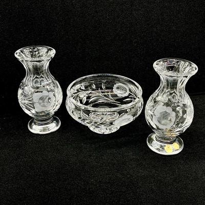NACHTMANN ~ Set of Three (3) Etched Rose Lead Crystal