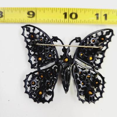 BEAUTIFUL BLACK RHINESTONE METAL BUTTERFLY BROOCH