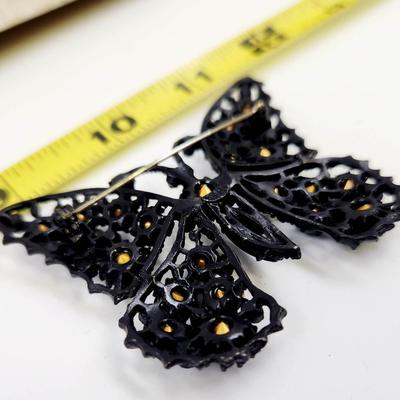 BEAUTIFUL BLACK RHINESTONE METAL BUTTERFLY BROOCH