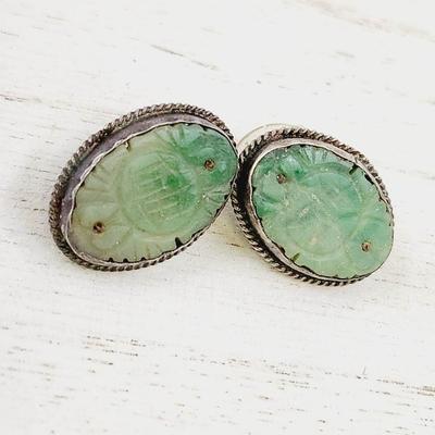 BEAUTIFUL ANTIQUE GREEN JADE & SILVER EARRINGS