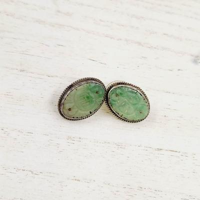 BEAUTIFUL ANTIQUE GREEN JADE & SILVER EARRINGS