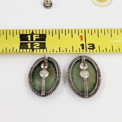 BEAUTIFUL ANTIQUE GREEN JADE & SILVER EARRINGS