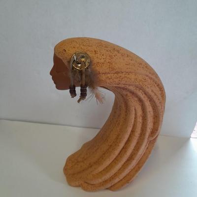 Ceramic Native American Wind Spirit Sculpture Indian Woman with feathers and Concho
