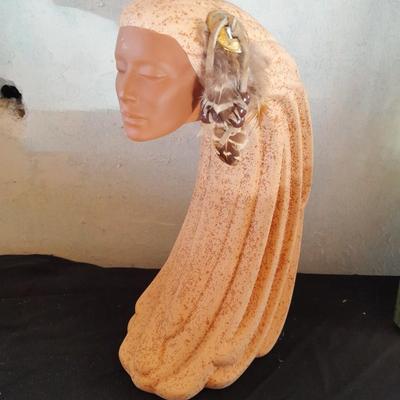 Ceramic Native American Wind Spirit Sculpture Indian Woman with feathers and Concho