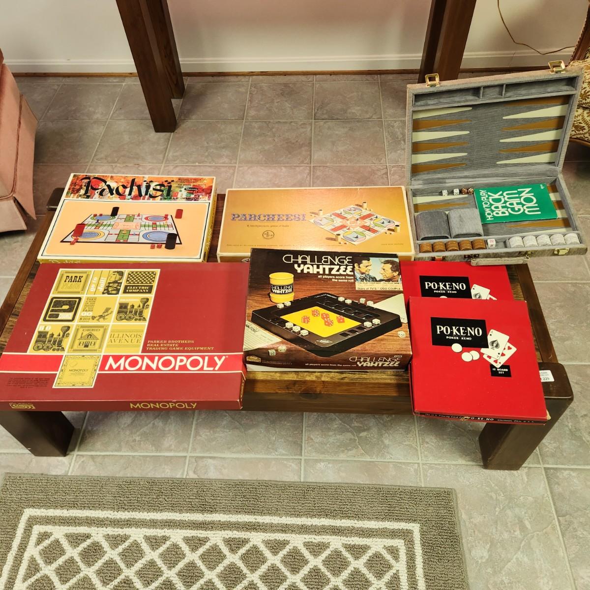 Vintage game lot monopoly, yahtzee,pachisi,backgammon pokeno